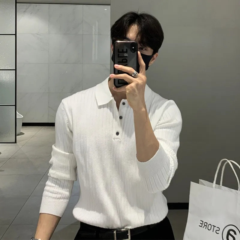 Autumn clothing mens fashion knitted long sleeved polo shirt lightweight solid color premium lapel casual Pullover Knitwear 250103