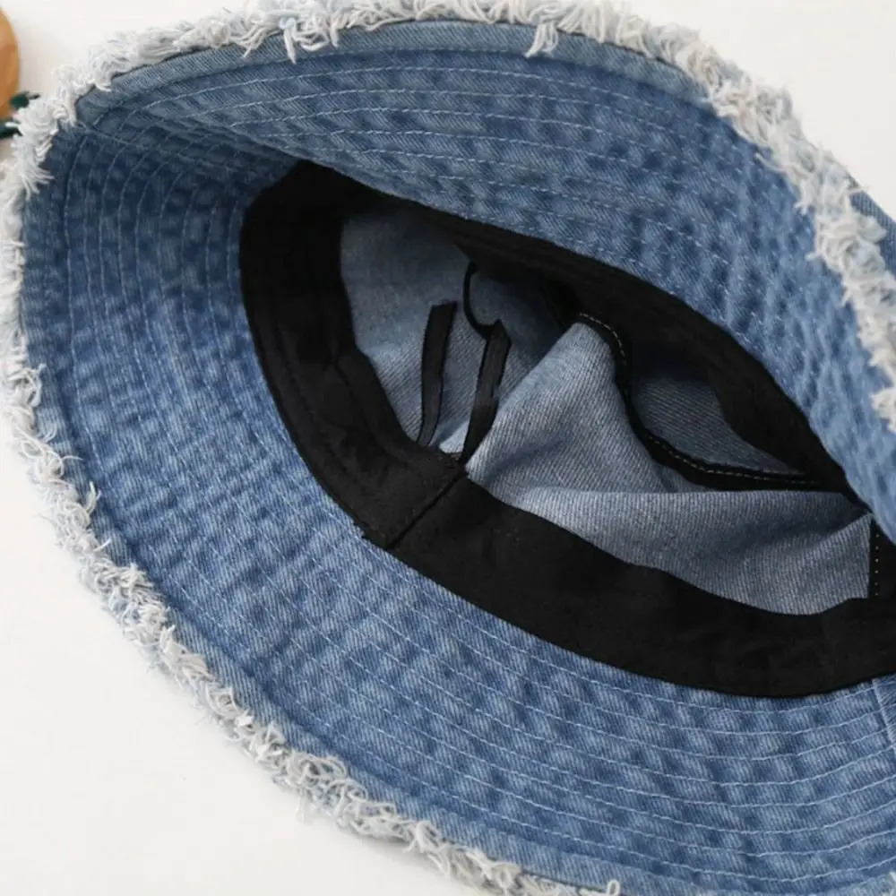 Sunscreen Hat Solid Color Fur Denim Fisherman Hat Denim Style Men Women Bucket Hat Fringed Edge Summer Vintage Bob Hat 250106