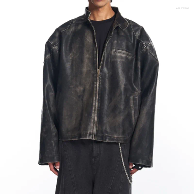 Men's Jackets American Hip Hop Vintage Wipe Color Locomotive To Do Old PU Leather Jacket Coat For Men