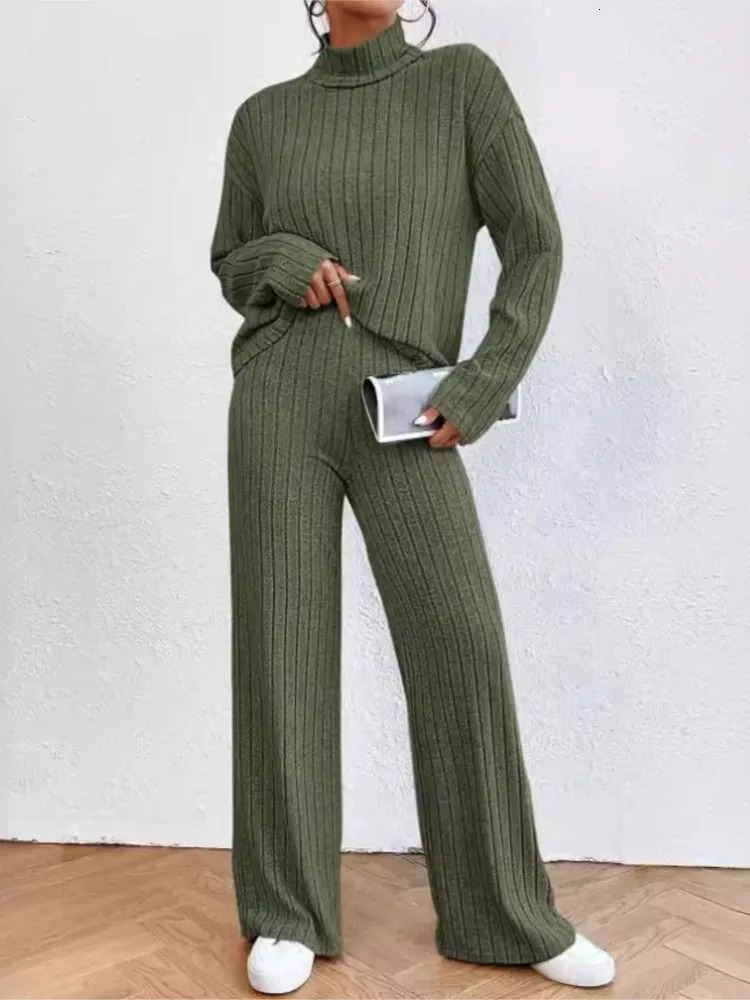 Casual solid color knitted pants set womens long sleeved turtle neck sweater loose mens two-piece set womens autumn and winter style 241230