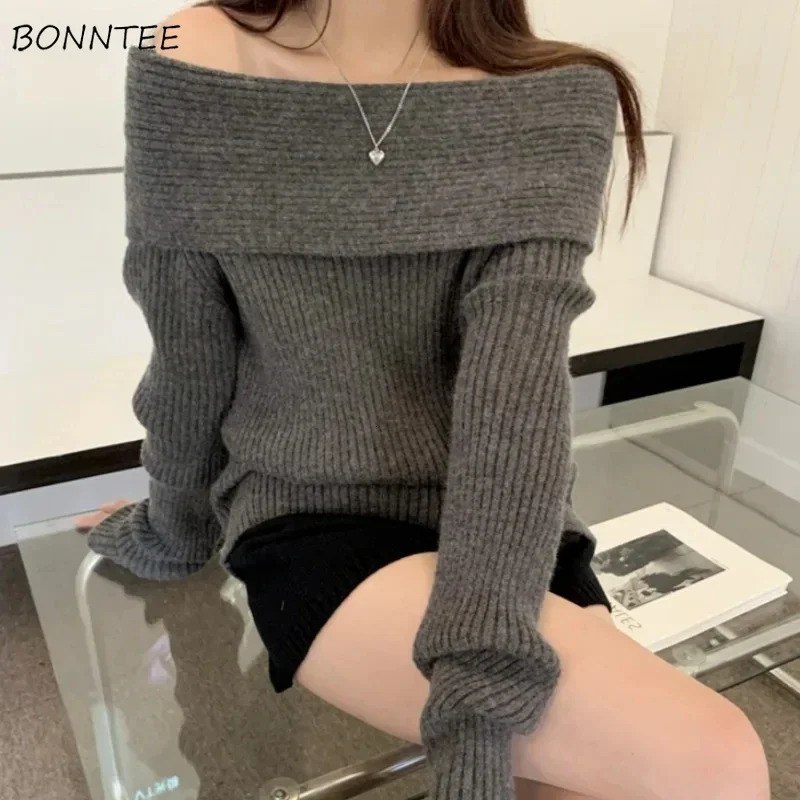 Slash Neck Sweaters Women Gray Solid Allmatch Off Shoulder Casual High Street Niche Warm Knitted Soft Spring Autumn Pullover 250103