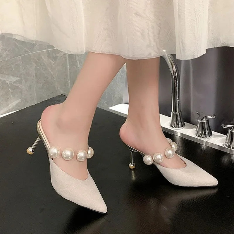 Pearl Black Sandals Women Summer Autumn Shoes Woman Thin Heels Womens Outdoor High Heels Woman mules 250103