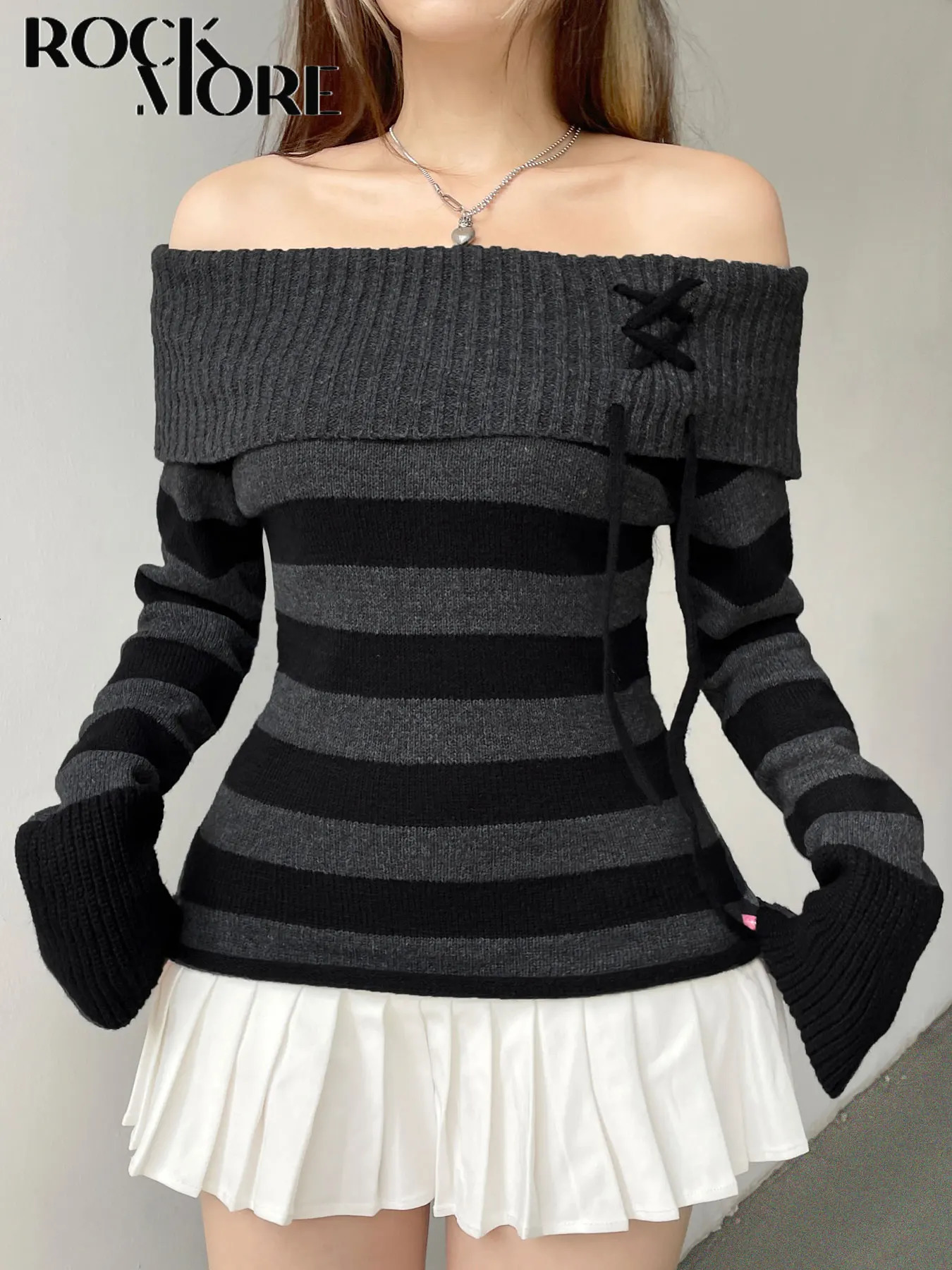 Rockmore Elegant Offshoulder Striped Sweater Famale Laceup Patchwork Long Sleeve Pullovers Vintage Basic Chic Tops Streetwear 250103