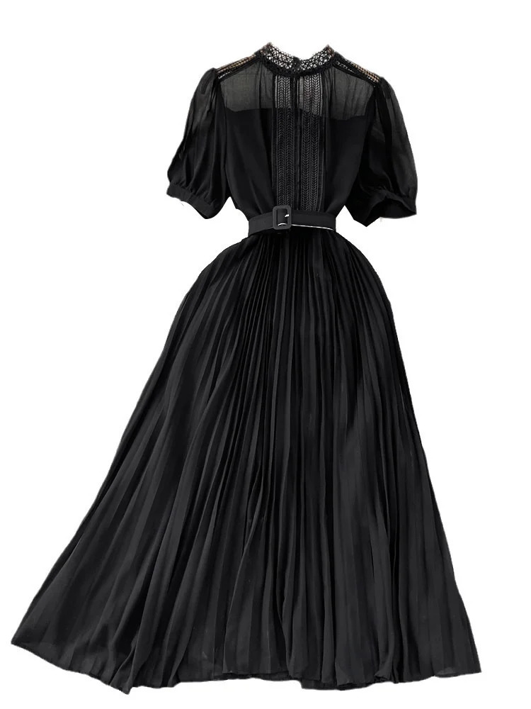 XFPV Elegant Dress Women Lace Belt Short-sleeved Back Zip Pleated Chiffon A-line Vestido Female 2025 Summer Fashion SM7598 250103