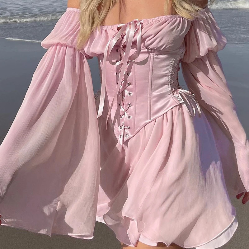 Off Shoulder Mesh Yarn Short Dres Summer Dress Flare Sleeve Lace Up Corset Bustier Aline Evening Party 250103