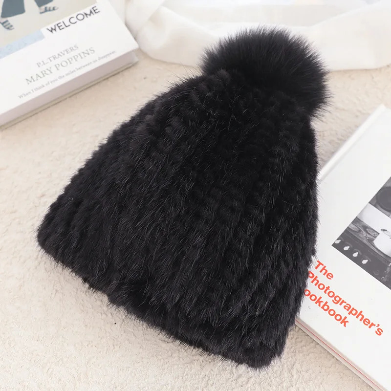 Real Mink Fur Hat For Women Thicken Female Fur Caps Ladies Winter Knitted Mink Fur Beanies With Fox Fur Pompoms Hat 250106