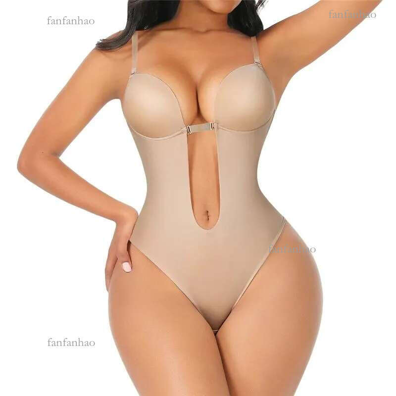 Women's Shapers Bodysuit Shapewear Deep V-Neck Body Shaper Backless U Plunge Thong Waist Trainer Women Clear Strap Padded Push Up CorsetWome