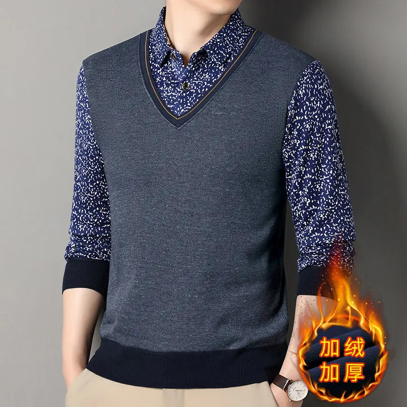 Intelligent leisure autumn mens lapel print two-piece splicing work fashion long sleeved polo shirt knitted top 250103