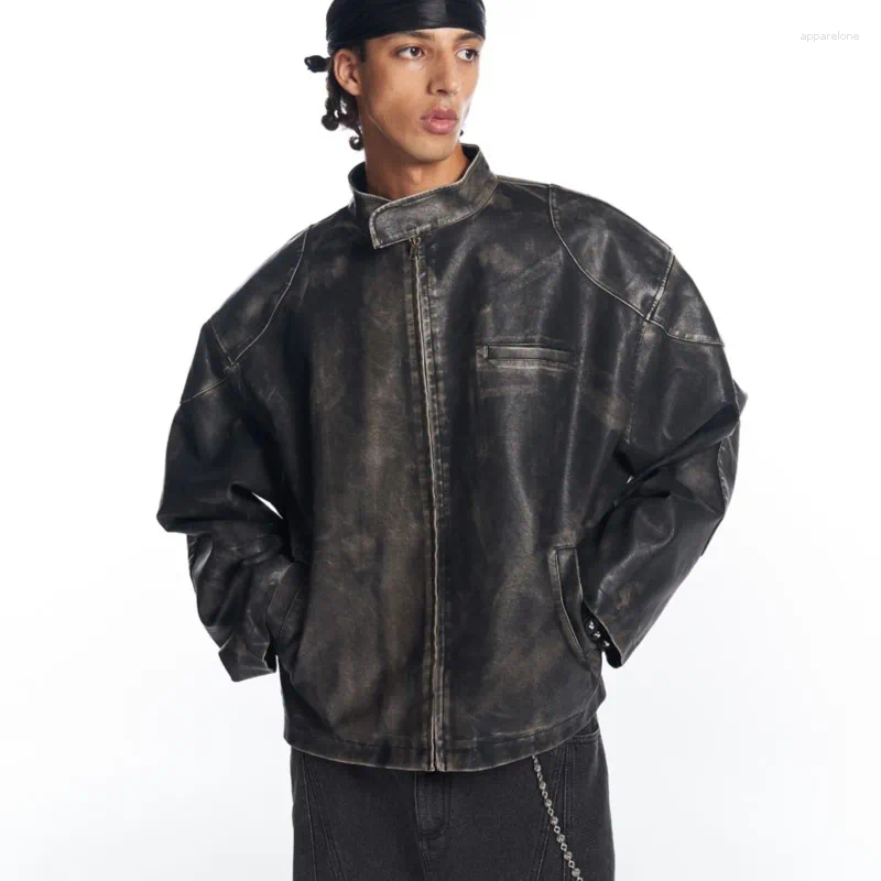 Men's Jackets American Hip Hop Vintage Wipe Color Locomotive To Do Old PU Leather Jacket Coat For Men