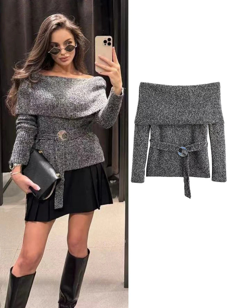 TRAF Elegant Womens Off Shoulder Cropped Sweater With Belt Autumn Solid Ribbed Knitted Long Sleeve Slim Knitwear Pullover 250103