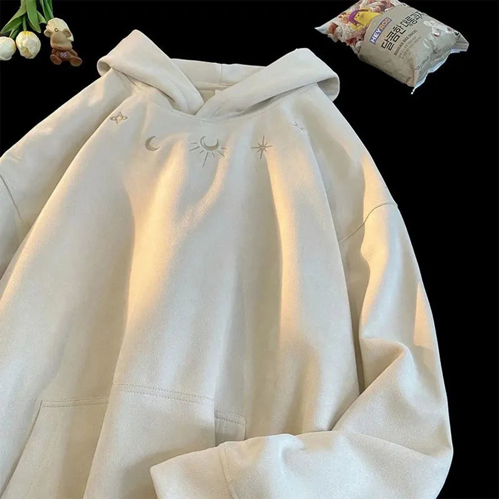 Retro Moon God Embroidery Sweatshirts For Women Drawstring Hooded Harajuku Autumn Winter Loose Trend Gray Suede Hoodies Tops 250106