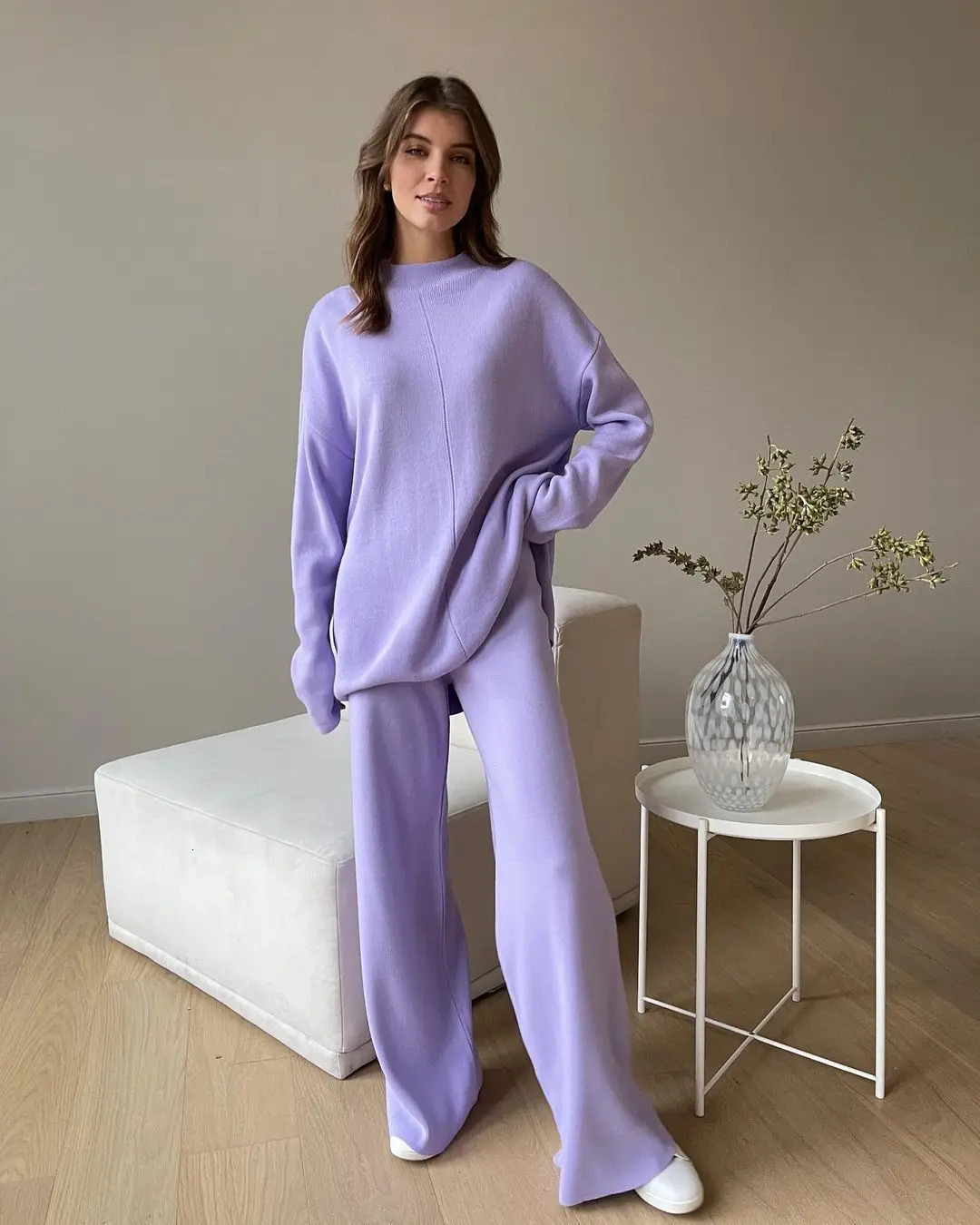 Spring and Autumn Fashion Solid Color Knitted Two Piece Set Round Neck Splicing JumperWide Leg Pants Loose Set 241230