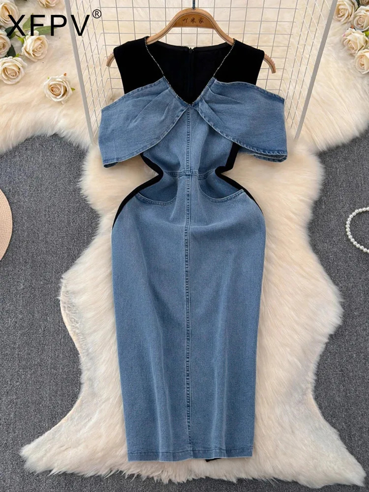 XFPV Sweet Diamond Ruffled Edge Off Shoulder Patchwork Dress For Women Vestidos Y2k Korean Fashion Summer 2025 SM11320 250103