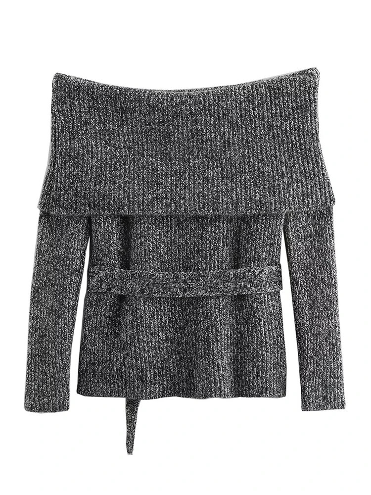 TRAF Elegant Womens Off Shoulder Cropped Sweater With Belt Autumn Solid Ribbed Knitted Long Sleeve Slim Knitwear Pullover 250103