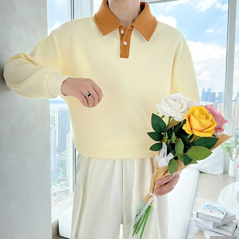 Autumn and Winter Fashion Polo Neck Solid Color Mens Clothing T-shirt Long Sleeve Floral Korean Embroidery Chaopai Youth Top 250103