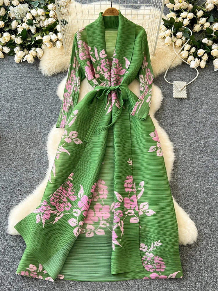 XFPV elegant style long sleeved lapel waist pleated belt printed womens Vestidos Y2k Korean fashion autumn 2025 250103