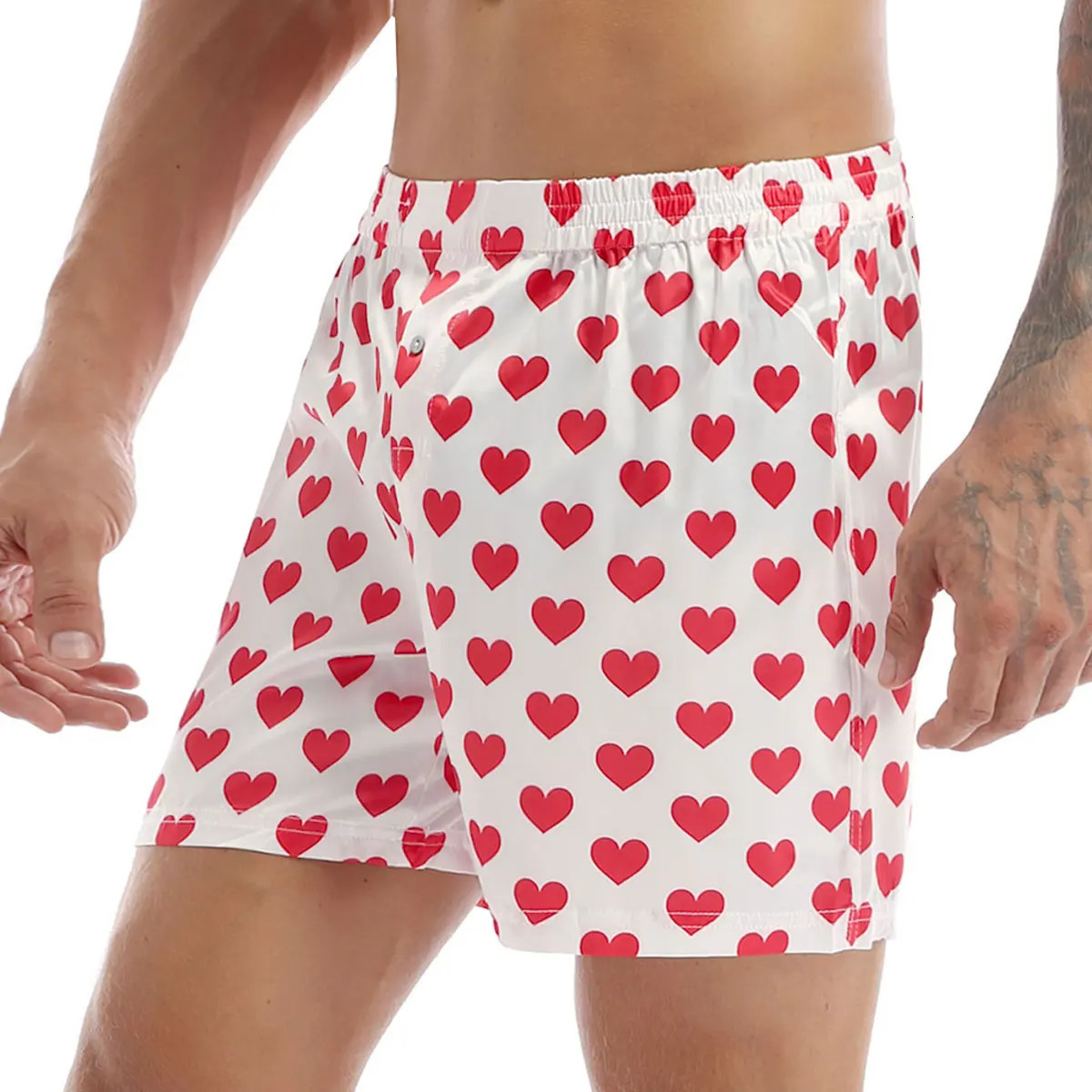 Mens Boxers Shorts Silk Sleepwear Underwear Heart Print Bottoms Lounge Beach Lightweight Loose Sports Pants 250103