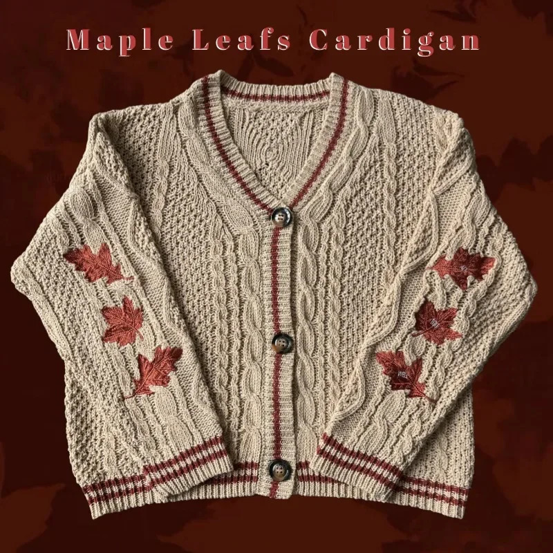 Autumn Leaves Knitted Cardigan Women Red Maple Leaf Embroidered Oversized Folklore Girl Fall Winter Low Vneck Sweater 250103
