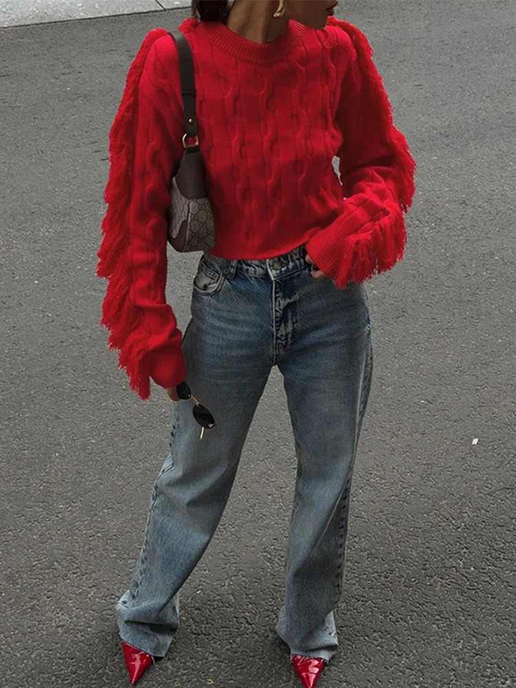 Trendix Tassel Long Sleeve Sweater For Womens Winter Slim O Neck Short Pullover Autumn Street Red Trendy Knit 250103