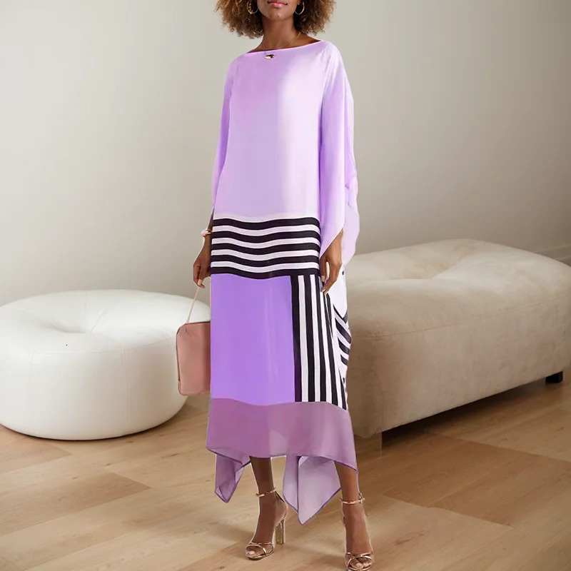Retro Women Striped Print Patchwork Irregular Dress Fashion Batwing Sleeve Party Elegant Pattern Comfortable Dresses 250103