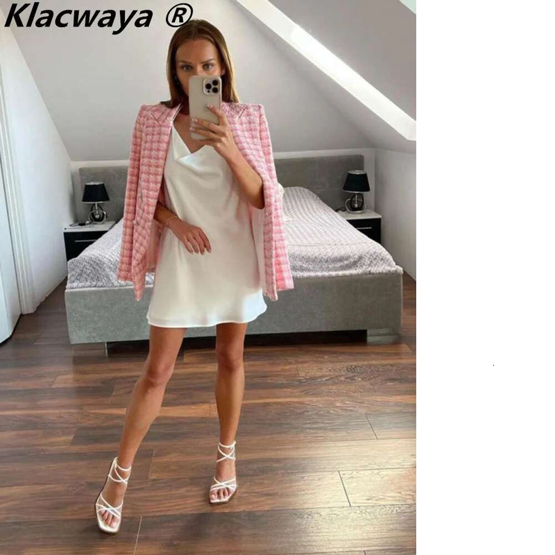 Klacwaya Jacket Pink Plaid Blazer Women Clothing Office Casual Tweed Blazers Double Breasted