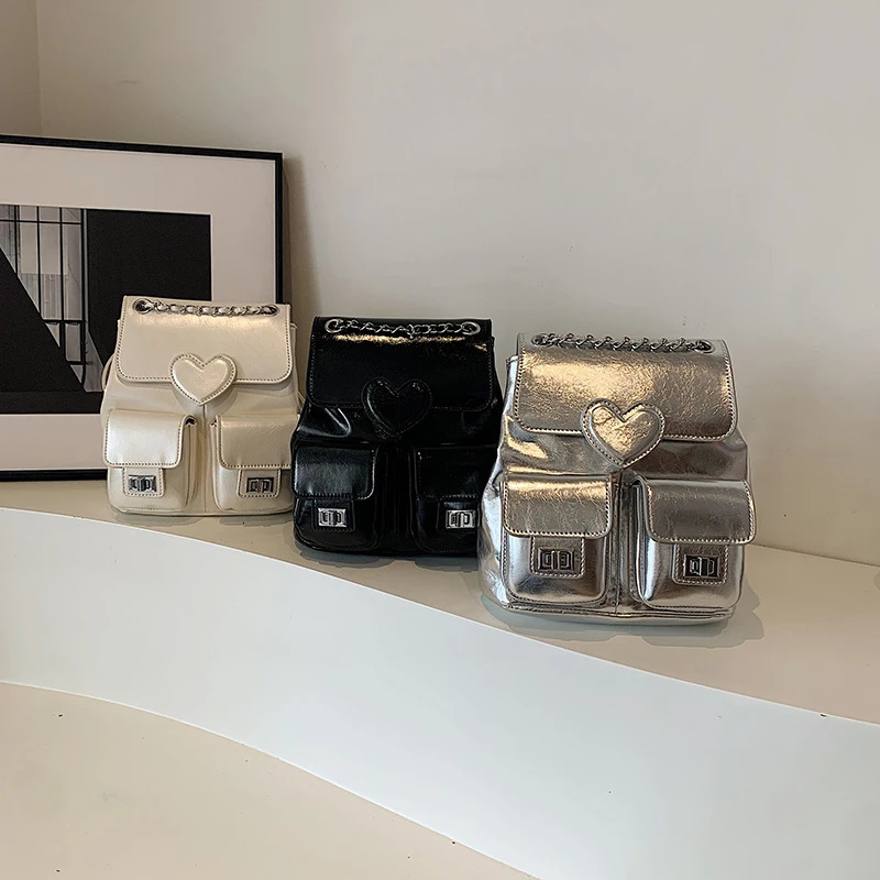 Stylish Bright Silver PU Backpack Solid Heart High Quality Versatile Two-purpose Shoulder Bags for Women Fashion Chains Bag 250102