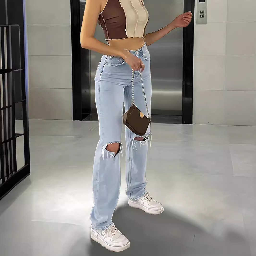 2024 New Womens High Waist Comfortable Loose Wide Leg Jeans for Women Skinny and Perforated Casual Pants