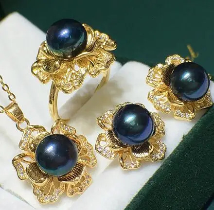 Three-dimensional flower south sea crystal pearl necklace Three pieces pendant earring ring set 250102