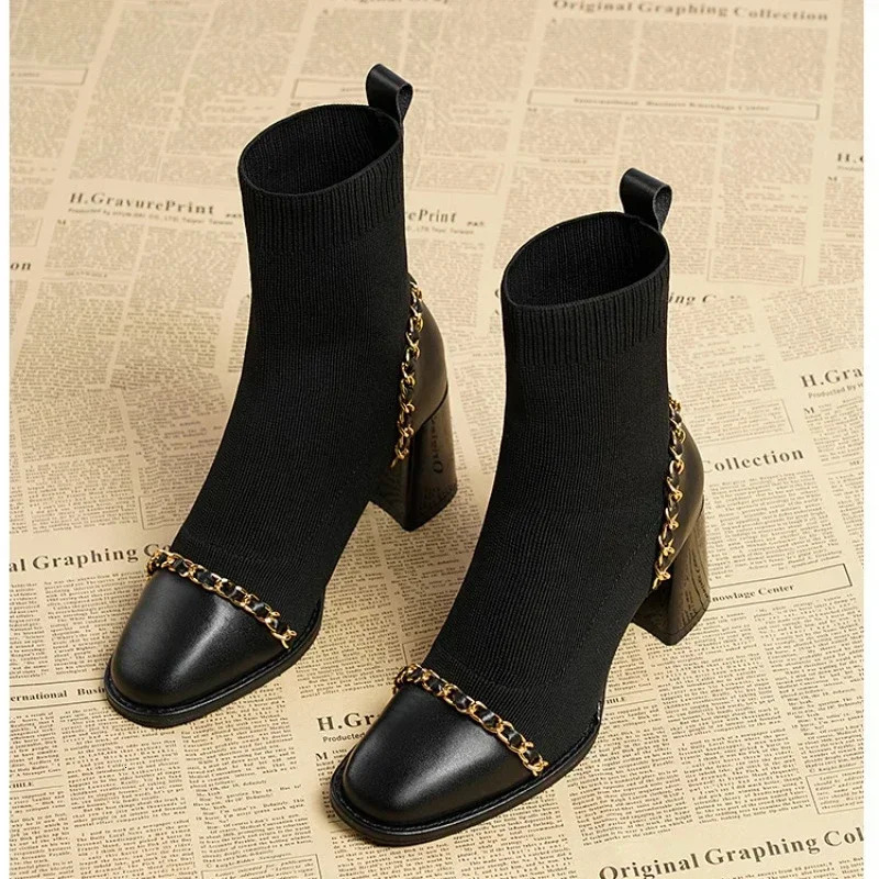 Slip on Square Toe Womens Boots Winter Solid Plush 204 Shoes for Women Warm Short Barrel Mid Heel Fashion Naked Boots 250106
