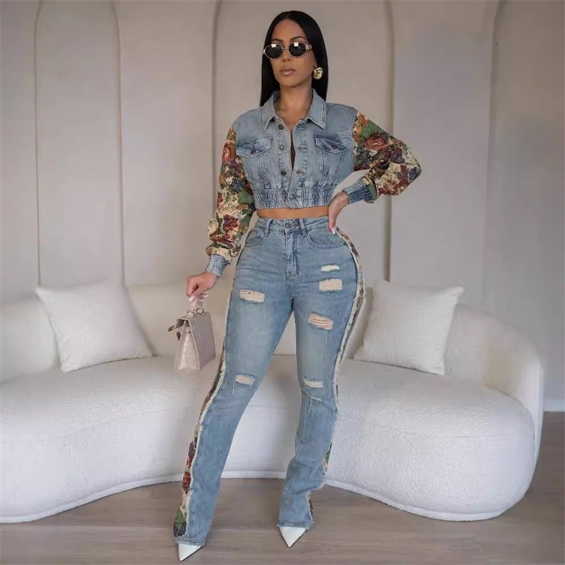 Women Tracksuits Two Pieces Set 2025 Spring Autumn Ins New Jeans Splicing 2-piece Fashion Side Lace Set