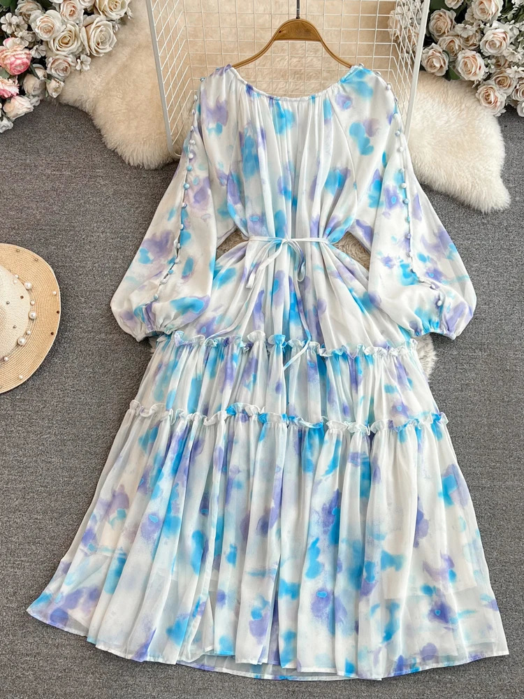 XFPV Women High Waist Mid Length Printing A-line Dresses Lantern Sleeve O-Neck Temperament Vestidos Spring Summer 2025 SM9853 250103