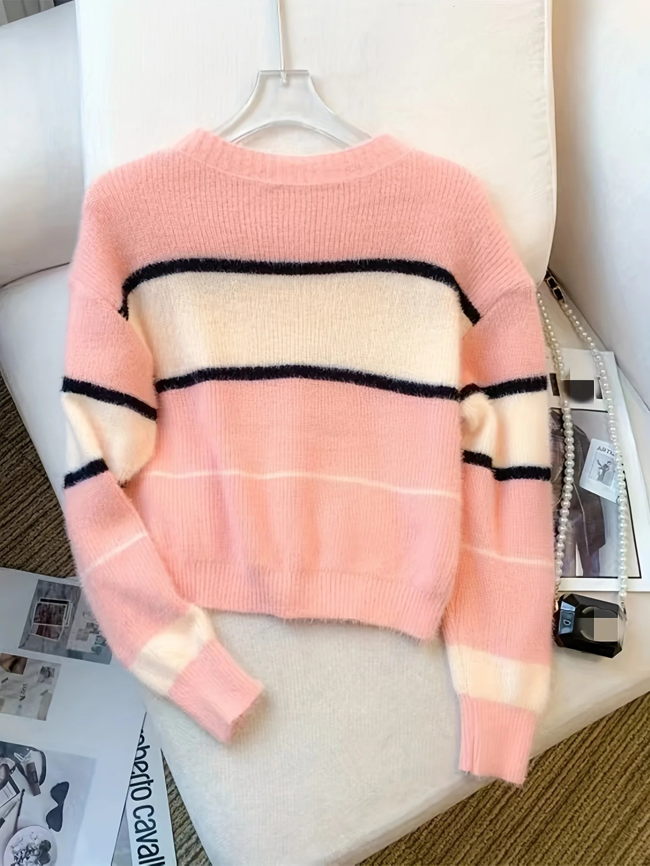 Winter Color Block Crew Neck Pullover SweaterCrop Top Casual Long Sleeve Drop Shoulder Sweater Womens Clothing 250103