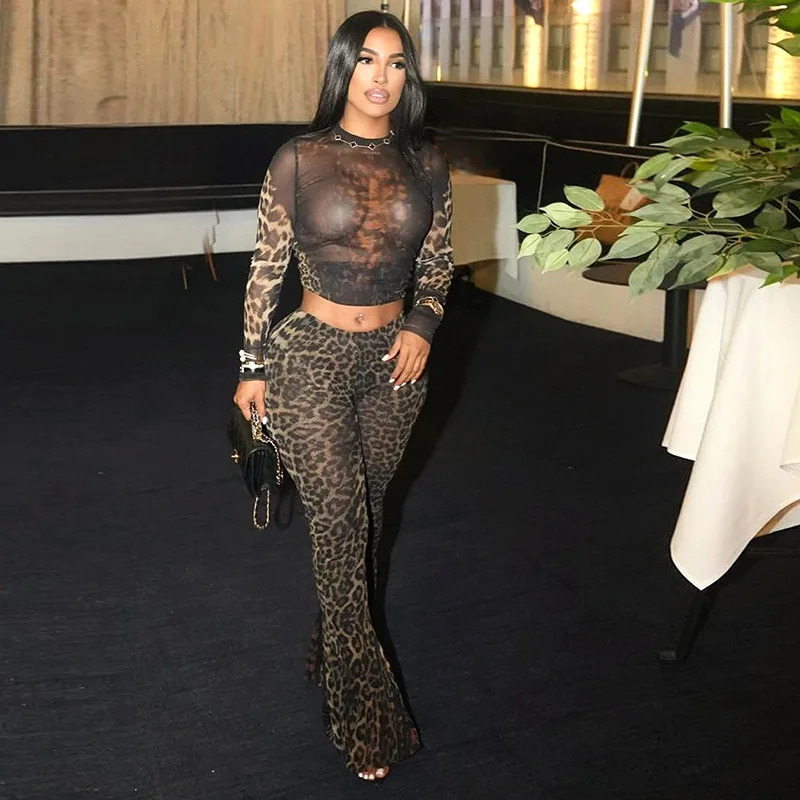 Cheetah Print Women 2 Piece Set Matching Long Sleeve O-Neck Crop Tees and High Waist Slim Pants Leopard Sets Sexy Female Outfits 250106