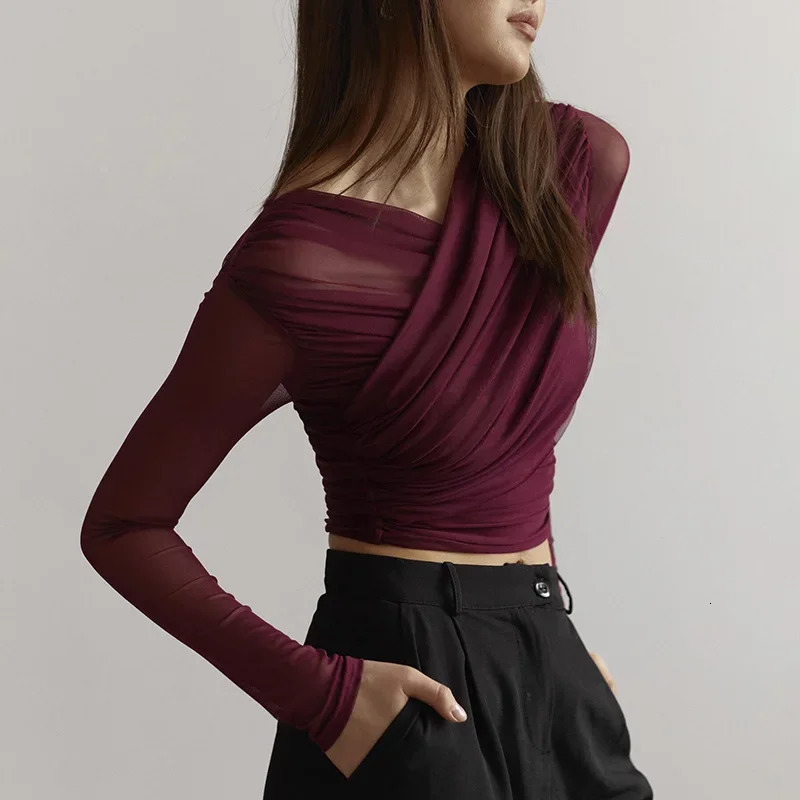 2025 Spring Chic Cross Neck Crop Tops Women Casual Solid Color Mesh See Through Sexy Pleated Long Sleeve Elegant T-Shirt 250106