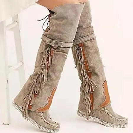 Fashion Bohemian knee length womens boots with ethnic personality high Tassel synthetic suede for girls flat bottomed long Botas unprinted good produc