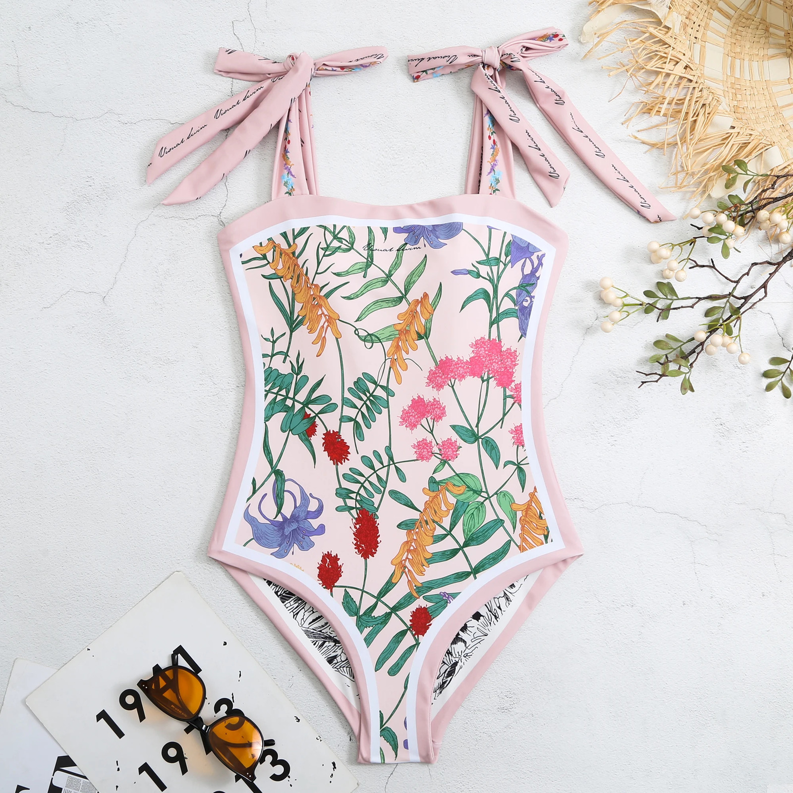Double sided strap swimsuit with fixed print one-piece vintage swimsuit 250106