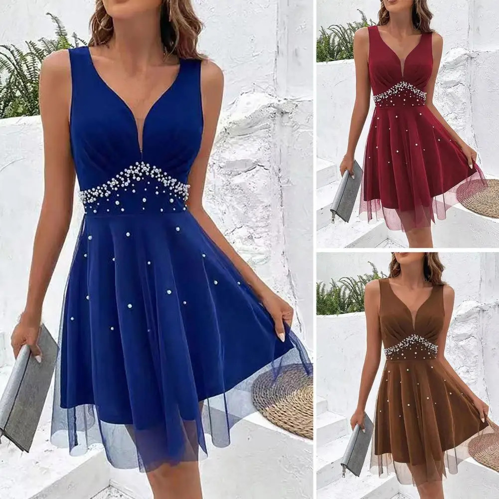 Lady Summer Ball Gown Elegant V Neck Pearl Embellished Aline Evening Dress with Doublelayer Mesh Overlay High Waist for 250103