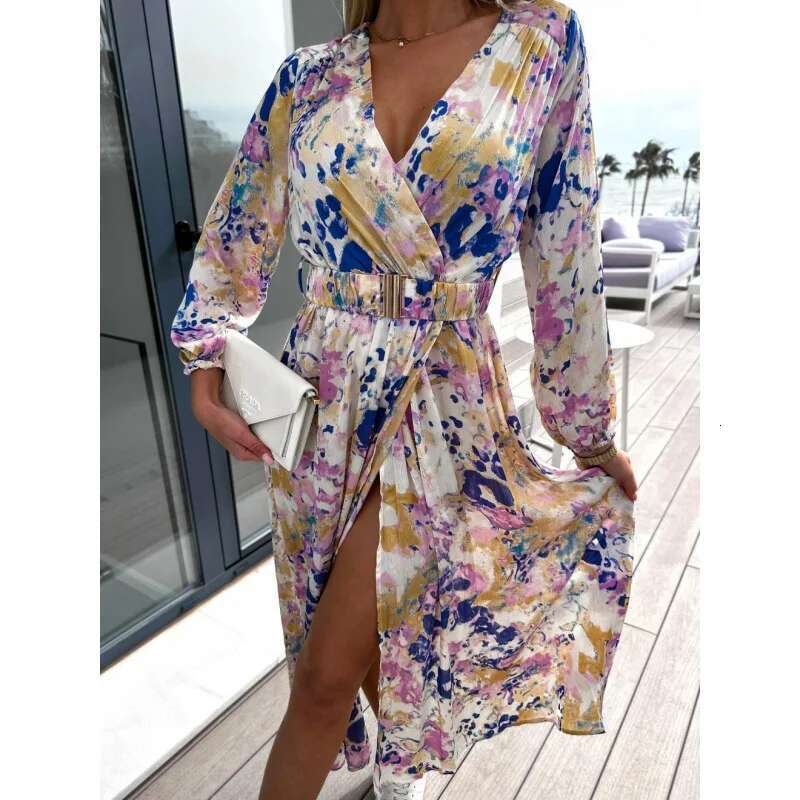 Autumn Women Ral Print Elegant Sexy Deep V-Neck High Split Belted Dress Female Vintage Boho Long Sleeve Party Robe