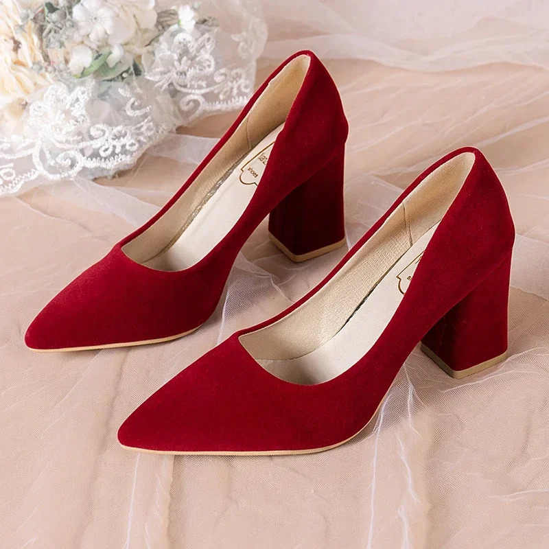 French Shoes for Women 2024 Spring/Summer/Autumn Pointed Thick Heels Not Tiring Feet Bride Shoes 250103