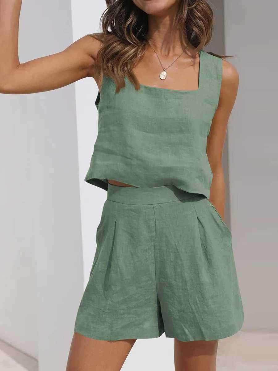 Womens Summer 2 Piece Outfits Lounge Matching Sets Two Piece Linen Shorts Crop Tops 2023 Trendy Clothes Vacation Set 7 ColorsXJ250106
