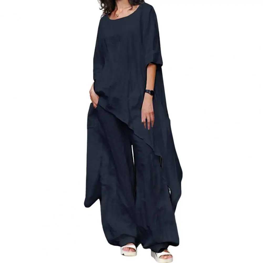 Two-Piece Set Women Outfit Shirts Pants Cotton Linen Solid Color Wide Leg Trousers Suit Women SummerXJ250106