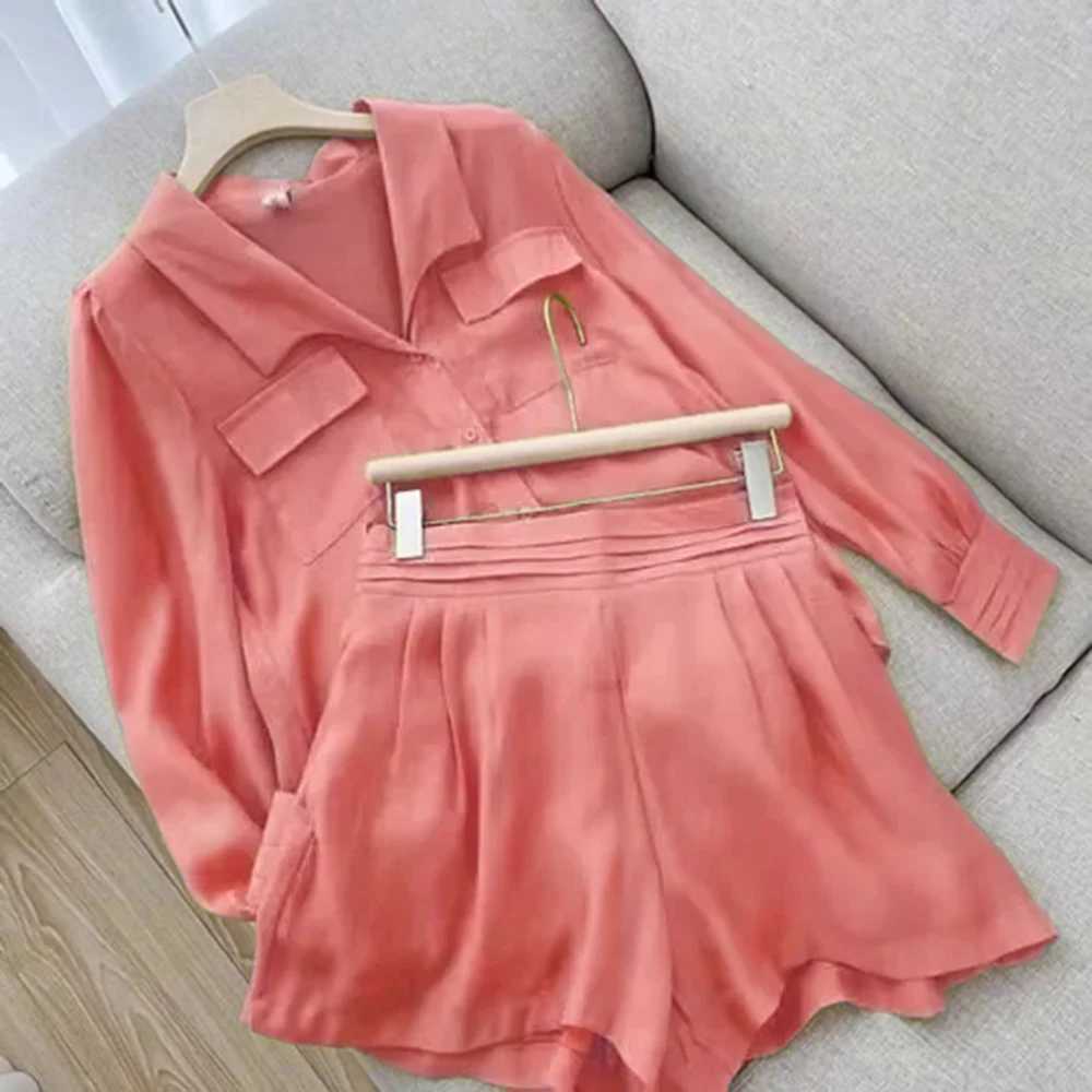 Spring Shirt Two Piece Set For Women Summer Shorts 2 Piece Sets Suits Solid Color Long Sve Shirt Short Casual Outfits FeXJ250106