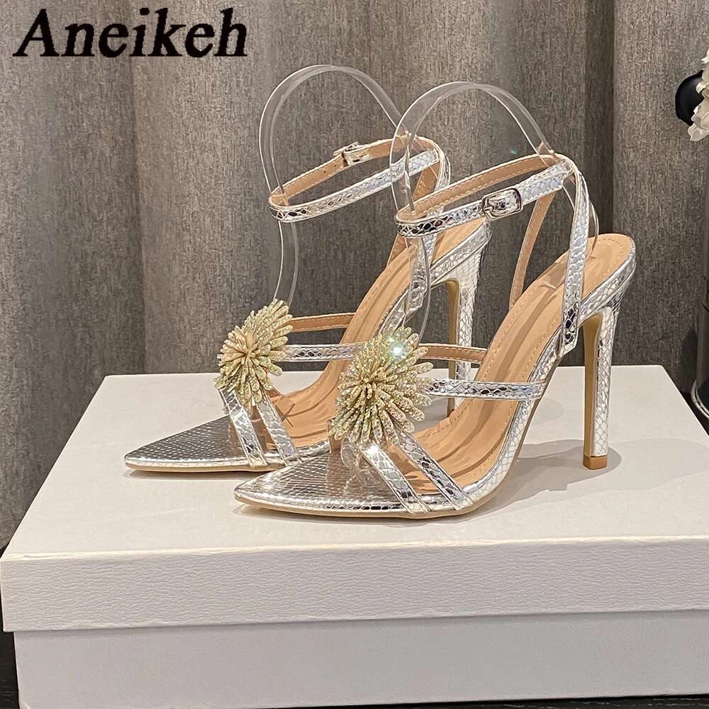 Aneikeh Fashion Rhie Wer Stiletto High Heels Sexy Pointed Toe Runway Sandals Ankle Strap Women Elegant Wedding Banquet