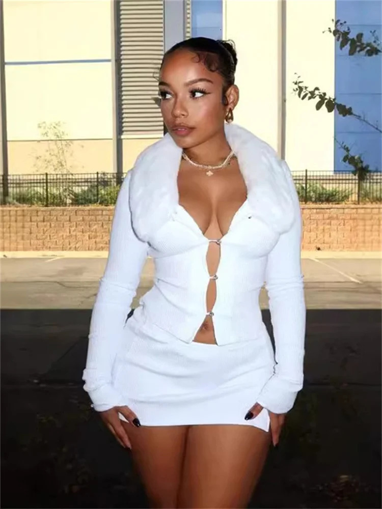 Weird Puss Fluff Patchwork 2 Piece Set Women Cardigan Single-Breasted Full Sleeve Crop JacketRibbed Mini Skirts Sexy Trend Suit 250106