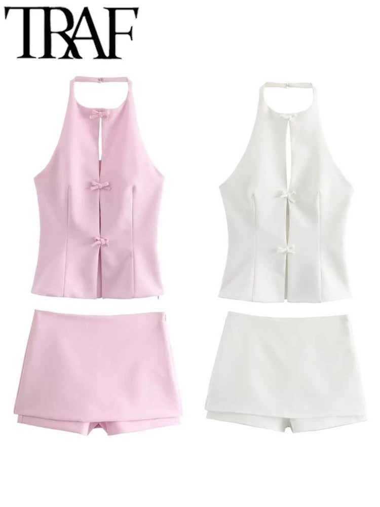 TR Pink Bow Hollow Out Women Halter Crop Top Shorts Suits Tr Summer Sveless Backless A Line Slim Tanks Y2K SetsXJ250106