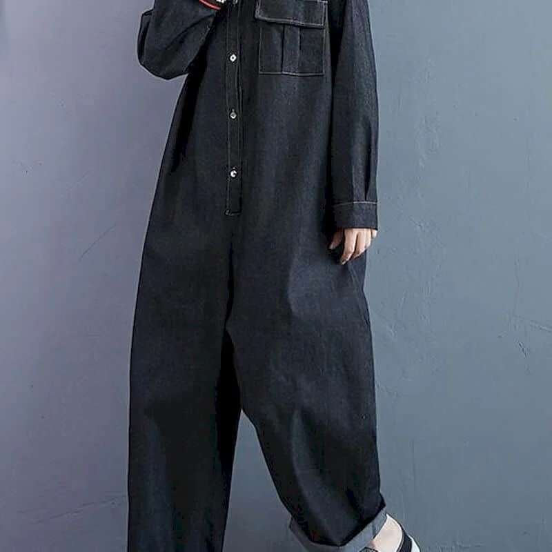 New Fashion Jumpsuit Suit Blue Denim Long Sleeve Playsuits High Waist Large Size Tops Casual One Piece Outfit Women