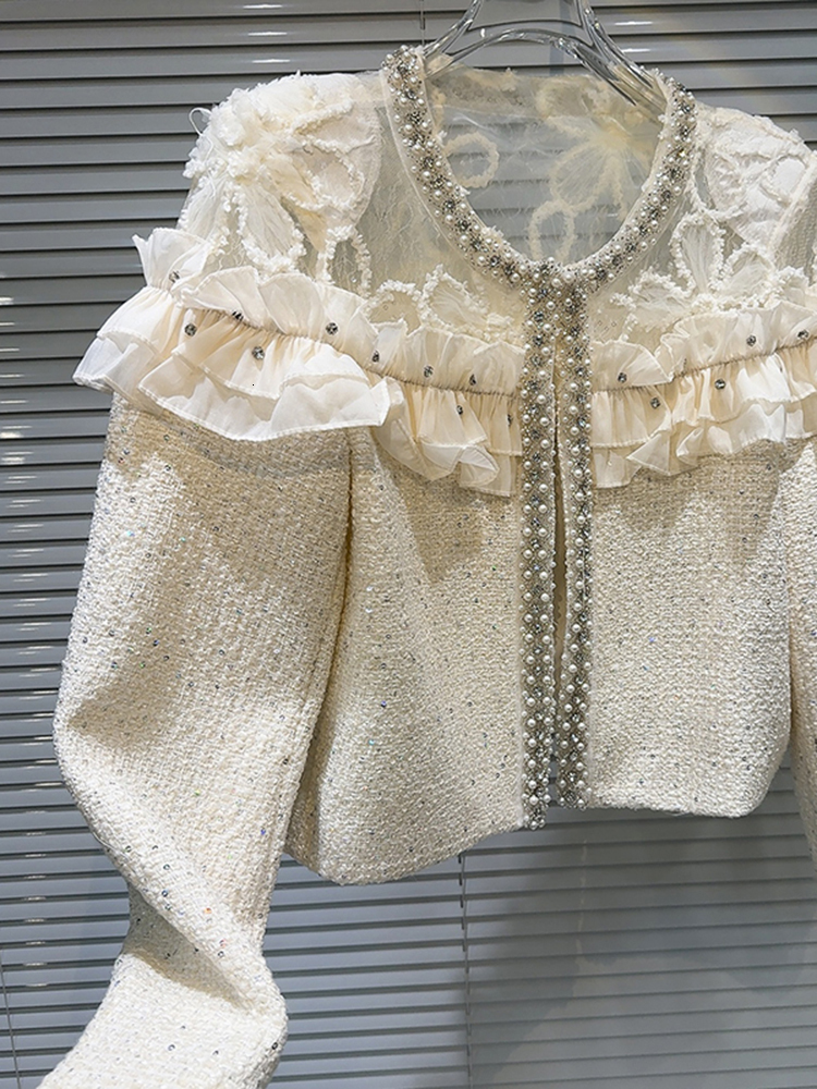 DEAT Trendy Women's Beading Edge Spliced Mesh Wer Tweed Coat 2024 Autumn Fashion New O-Neck Long Sleeve Jacket Female 11A0973