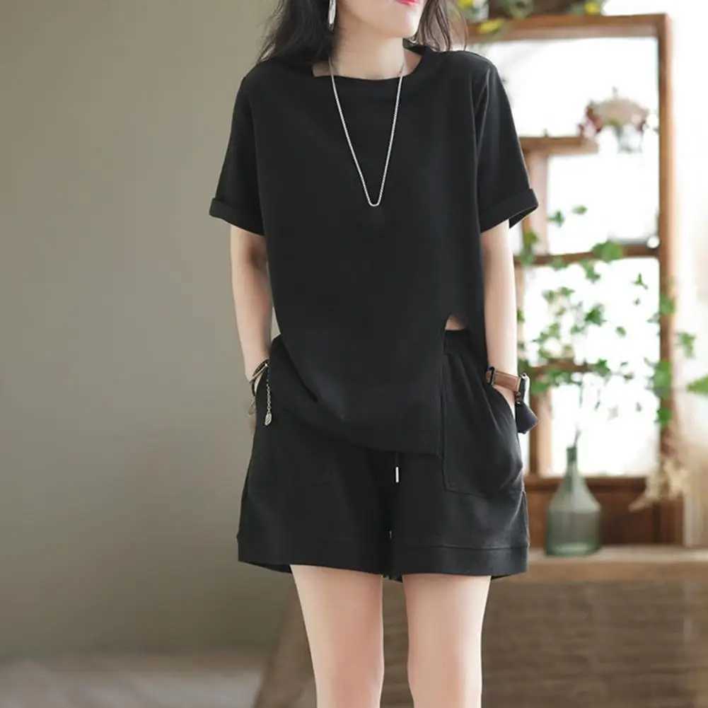 Casual Shorts Set Simple Style Sweat Absorption Lint Free Pocket Dress-up Polyester Women Summer Shirt Shorts Suit StreetwearXJ250106