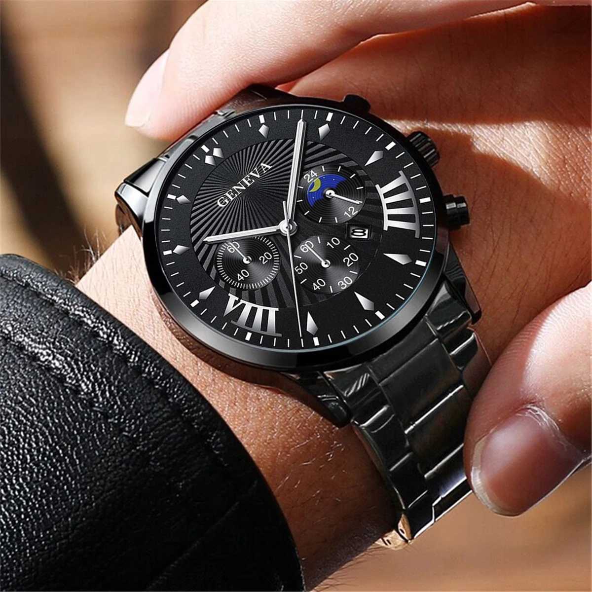 2PCS Fashion Mens Black Bracelet Watches Set Men Business Stainless Steel Quartz Watch Male Calendar WristwatchX250107