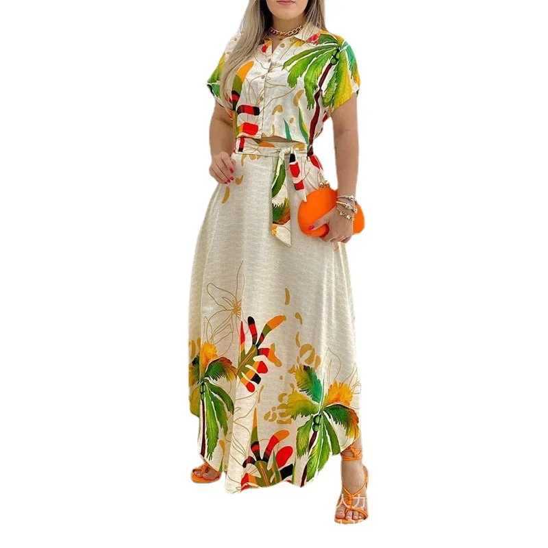 Womens tropical printed long sleeved cut top two-piece set summer work top W250107
